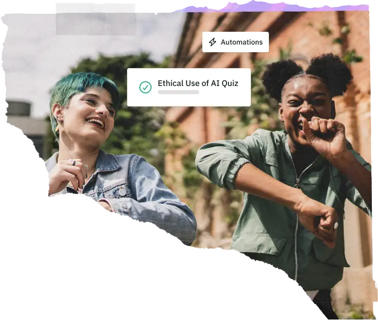 Stylized photo of two students on campus laughing with Blackboard LMS UI elements overlaid