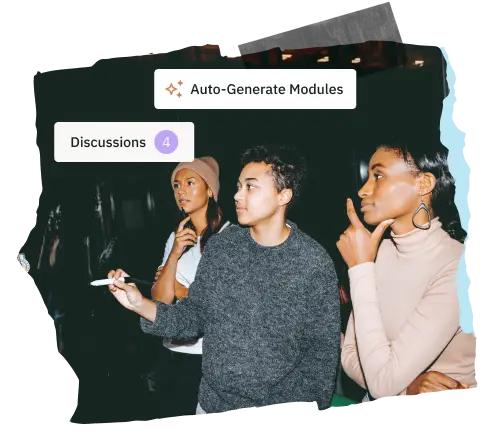 Stylized photo of three students collaborating at a dry erase board with Blackboard LMS UI elements overlaid